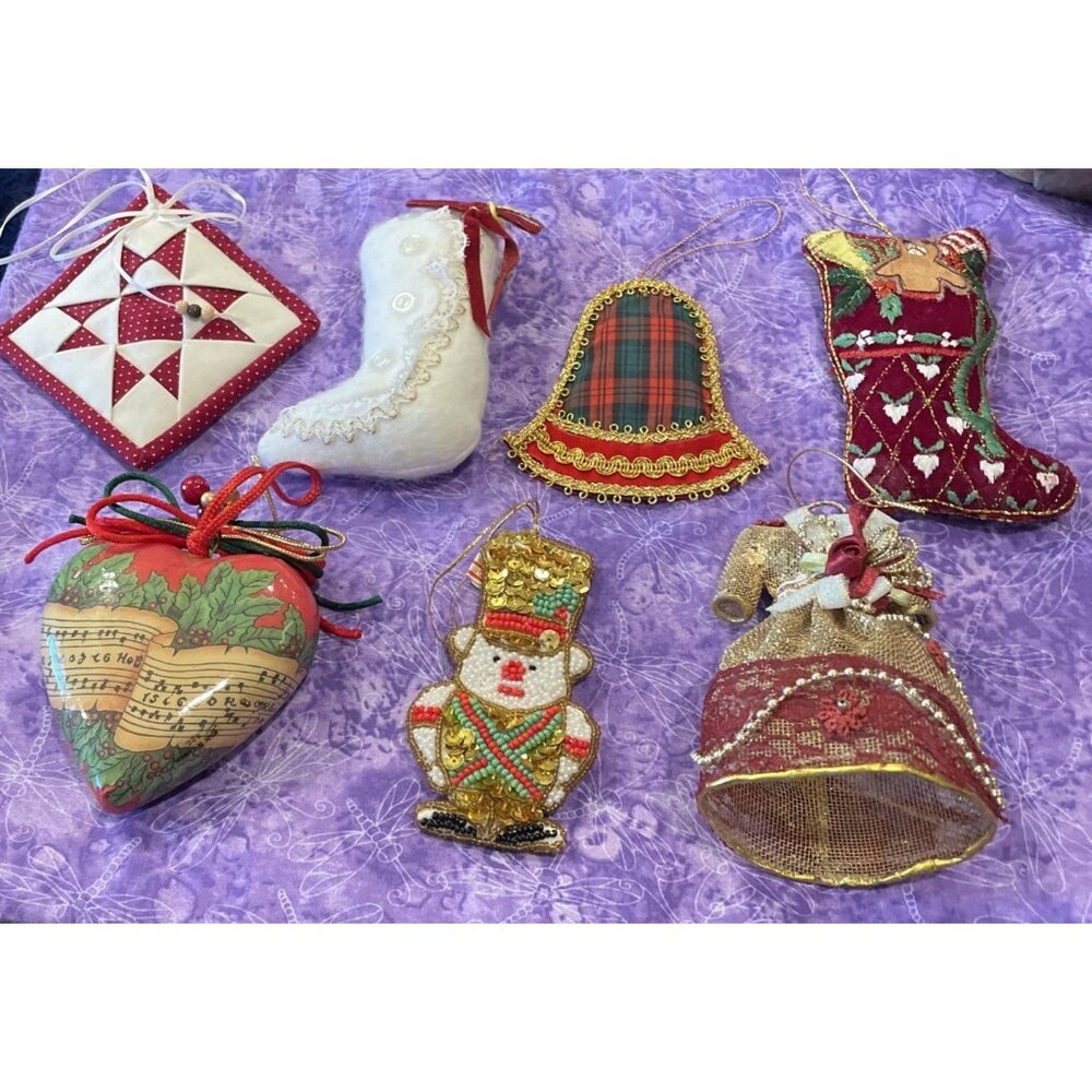 Vintage Victorian Style Lot Of 7 Christmas Holiday Ornaments Bell Stocking Heart